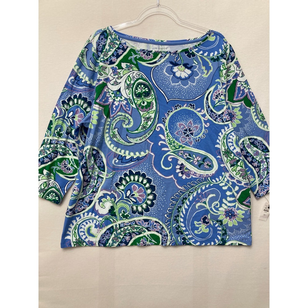 New Talbots Tee 2X Blue Paisley 3/4 Sleeve Boat Neck Cotton Blend Stretch